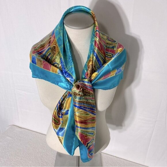 5/$25 Jiaying Blue Yellow Satin Abstract Print Square Scarf - Picture 1 of 16